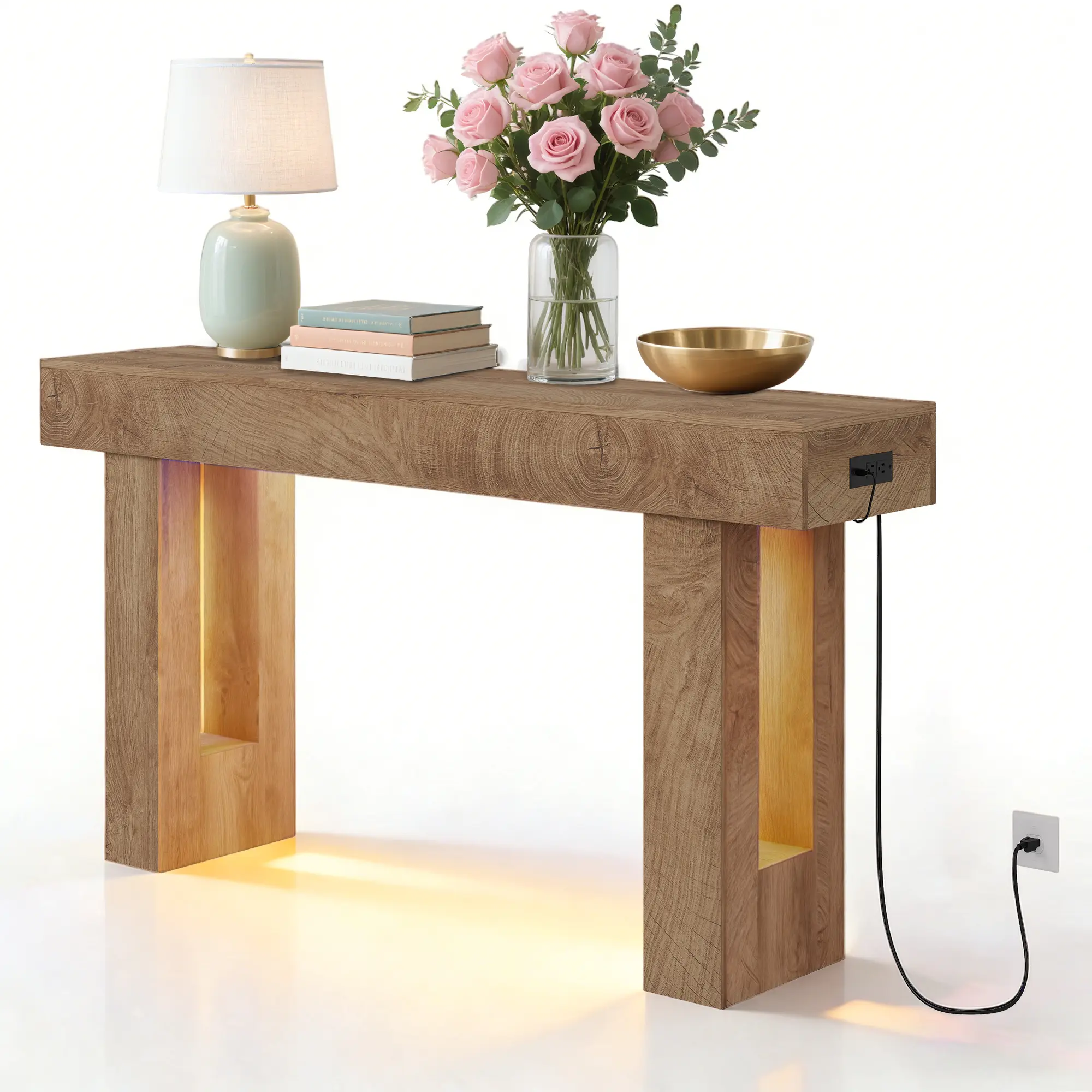 63-Inch Long Console Table with Sensor/Colorful LED Lights, Wooden Rectangular Sofa Table with Charging Station & 6-Color Multi-Functional Light, Accent Tables for Hallway, Entrance, Foyer