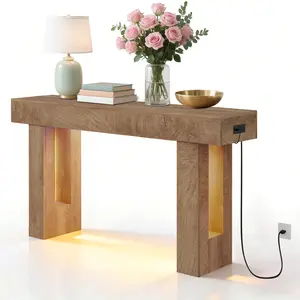 63-Inch Long Console Table with Sensor/Colorful LED Lights, Wooden Rectangular Sofa Table with Charging Station & 6-Color Multi-Functional Light, Accent Tables for Hallway, Entrance, Foyer