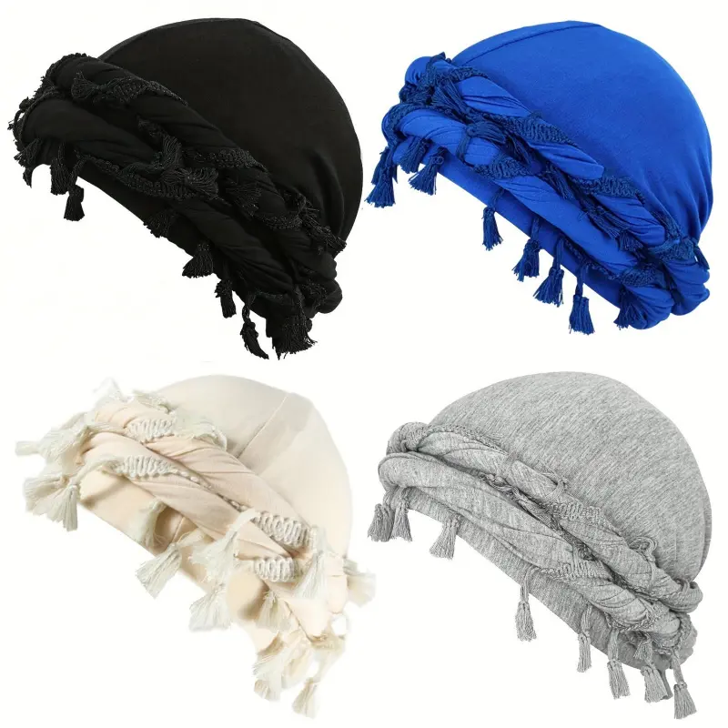 Men's 4-Piece Vintage Tassel Headband & Pirate Hat Set - Modal Stretch Fabric, Handmade, Adjustable, Black Tassels, Exquisite Pleats, Soft Cotton, Casual Wear, Universal, Pointed Top, Round Shape, Pleated Layer