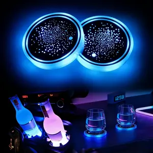 2PCS LED Cup Holder Lights for Car, USB Rechargeable Car Coaster, 7 Color-Changing Light Up Car Cup Holder Mat, Waterproof Decorative Light for Car, Bar, Restaurant