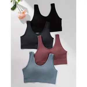 4pcs Women's Wire-Free Sports Tank Tops with Removable Pads - Seamless Comfortable Fit, Breathable Fabric, Solid Colors (Black/Olive/Blue/Navy/Pink) for Gym, Yoga & Casual Wear, Gym Apparel| Simple Versatile Design| Smooth Texture Fabric, Gym