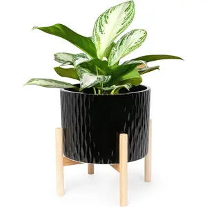 Ceramic  Pot with Stand, 10 Inch Planter with  Shelf, Modern Round Flower Pots Indoor with  Planter Holder, Black Water Ripple
