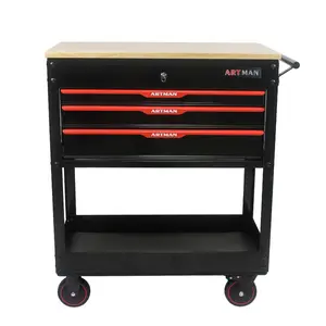 3 drawer multifunctional tool cart, a multifunctional 3D drawing tool cart with wheels and solid wood tabletop, essential for tool enthusiasts,  black and red