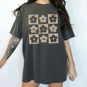 COMFORT COLOR  -  Checkered Flowers Shirt Retro Flowers T-Shirt Boho Floral TShirt Gift For Mom Spring T Shirt Trendy Floral Oversized Teer Gift