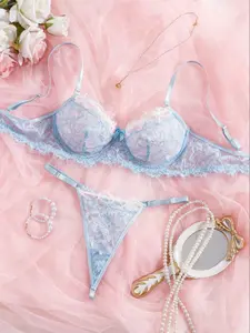 High-Quality Blue Colorblock Embroidered Flower Bra Set, Comfortable Push-Up Underwear, Elegant Innerwear Set (bra + Panties)
