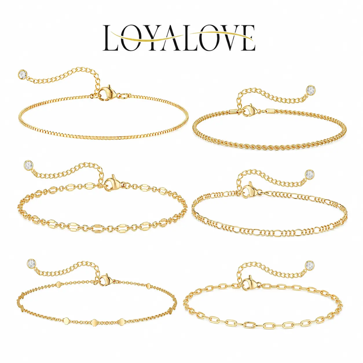 LOYALOVE 6Pcs 14K Gold Plated Bracelet Set for Women, Dainty Stackable Chain Bracelets with Cubic Zirconia Charm, Adjustable Layered Minimalist Y2K Jewelry, Trendy Gift for Her