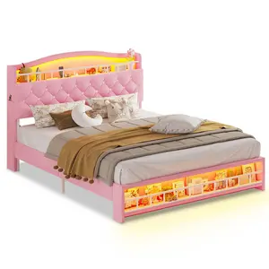 Full Princess Velvet Upholstered LED Bed Frame Pink