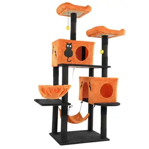 61" Halloween Cat Tree, Large Cat Tower with 2 Spacious Cat Condos, 2 Padded Perches, 2 Hammocks, Scratching Posts, Hanging Toy, Multi-Level Cat Activities Furniture for Large Cats, Orange & Black