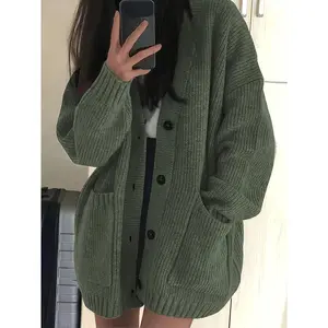 Casual V-neck Single-Breasted Sweater for Women | Fall/Winter Solid Color Cardigan with Button Details