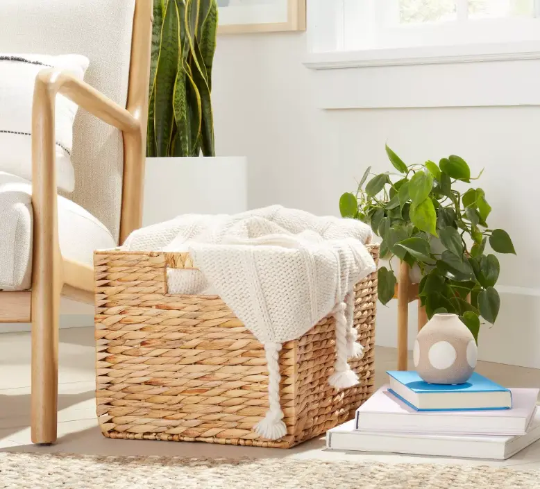 Large Woven Water Hyacinth Storage Basket, Handwoven Decorative Cube Organizer for Shelves & Home Organization
