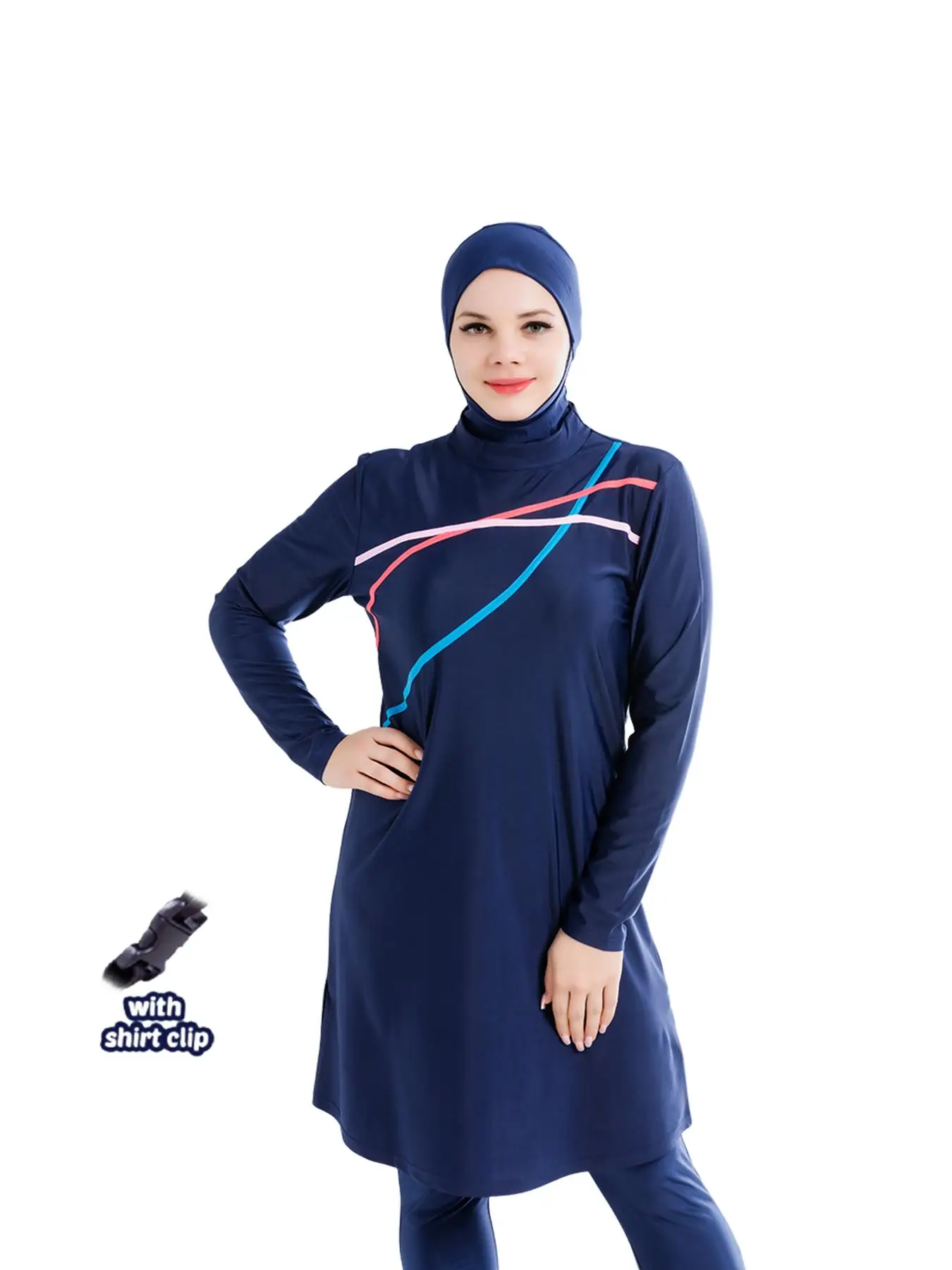 Three-piece Set Women's Striped Print Long Sleeve Islamic Swimwear Set, Modest Casual Mock Neck Swim Top & Elastic Waist Swim Pants & Hijab Set, Ladi