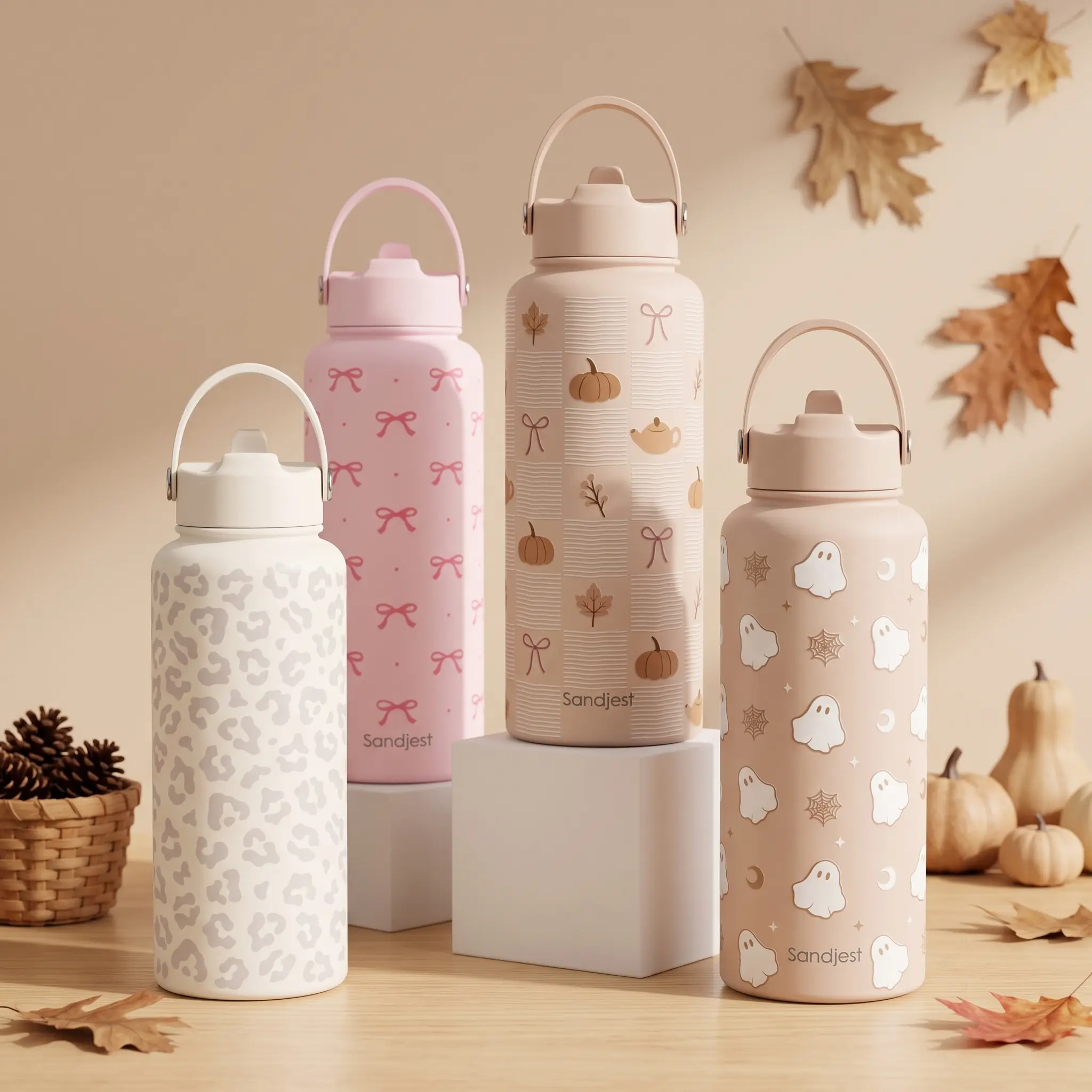 Sandjest Fall Cozy 32oz Sports Insulated Water Bottle with Flip Straw Lid & Handle, Grippy Bottom, Keeps Drinks Cold for 12 Hours, Ideal for Travel School Outdoor Gym, Gifts for Her Women Holidays Christmas