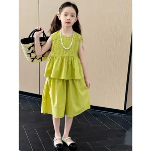 Girls' Two-Piece Summer Set: Solid Color Vest and Korean-Style Wide-Leg Pants, Perfect for Outdoor