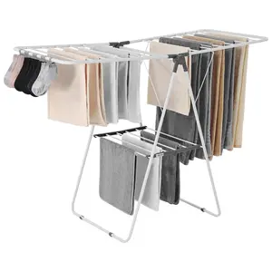 fathersdaygift  VEVOR Clothes Drying Rack, 2-Tier Foldable Laundry Dryer Rack with Sock Clips 21 Drying Rods, Metal Height Adjustable Drying Racks for Outdoor Indoor, Free-Standing Space-Saving Hanger, White