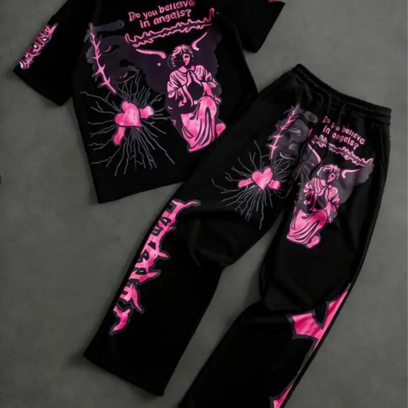 Printed Cotton T-Shirt and Pants Loungewear Set, Comfortable Bold-Design Home Clothes for Casual Daily Wear, Loungewear Pajamas