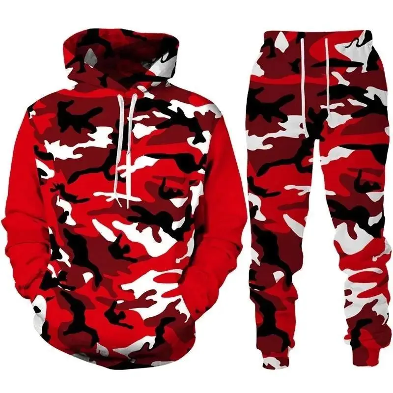Men Red Camouflage 2 Piece Tracksuit for Men Women Hooded Long Sleeve Top Elastic Waist Jogger Pants Breathable Poly Cotton Casual Outdoor Full Length Drawstring Color Retention Sports Set