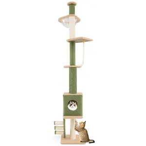 COSTWAY - Floor to Ceiling Cat Tree with 86-99.5 Inch Adjustable Height and Extra Post-Green