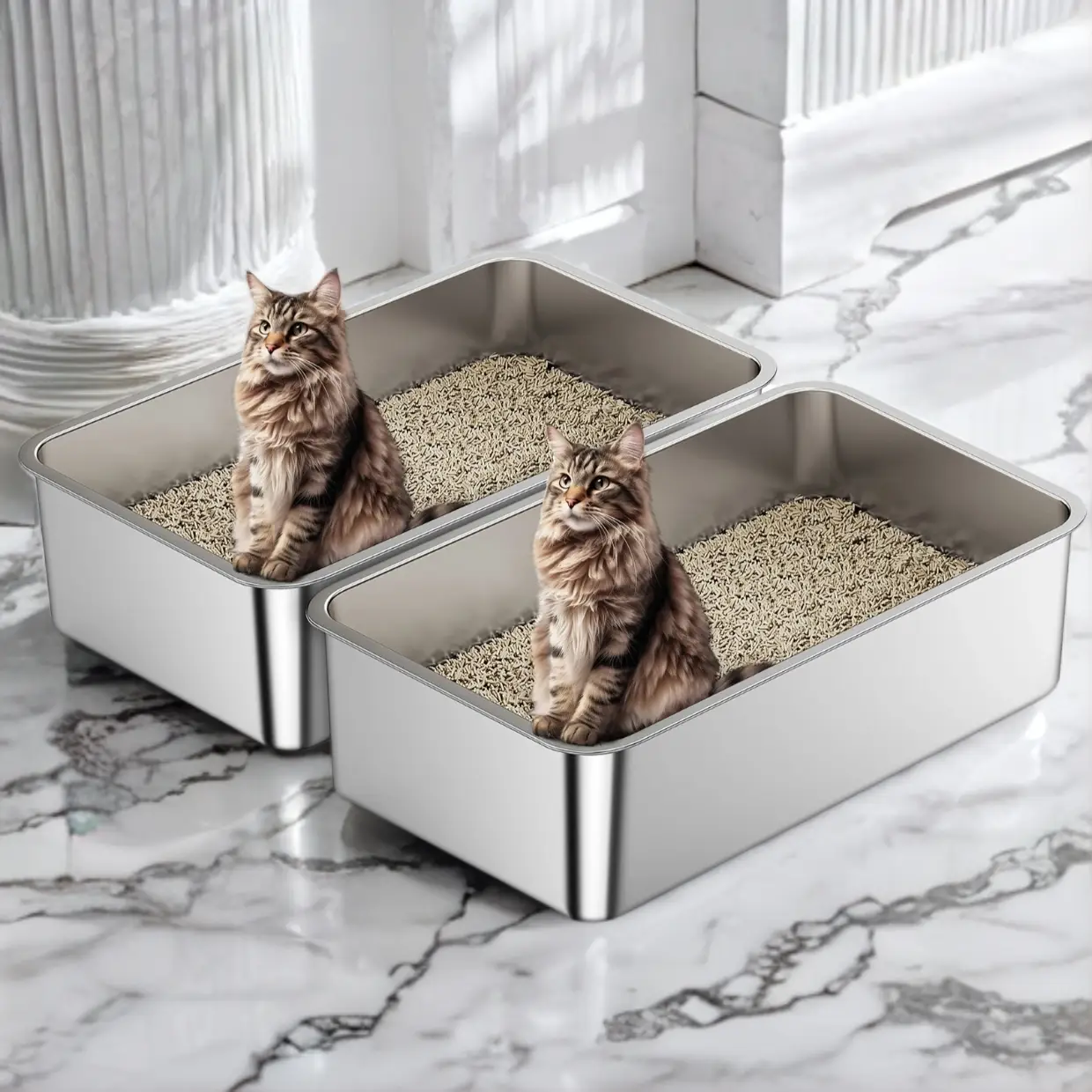 2 pcs 23.4"L Odor Free Long Lasting Modern Stainless Steel Cat Litter Box with 6“ High Wall Side Easy Clean Long Lasting Durable Modern Cat Toilet Ca