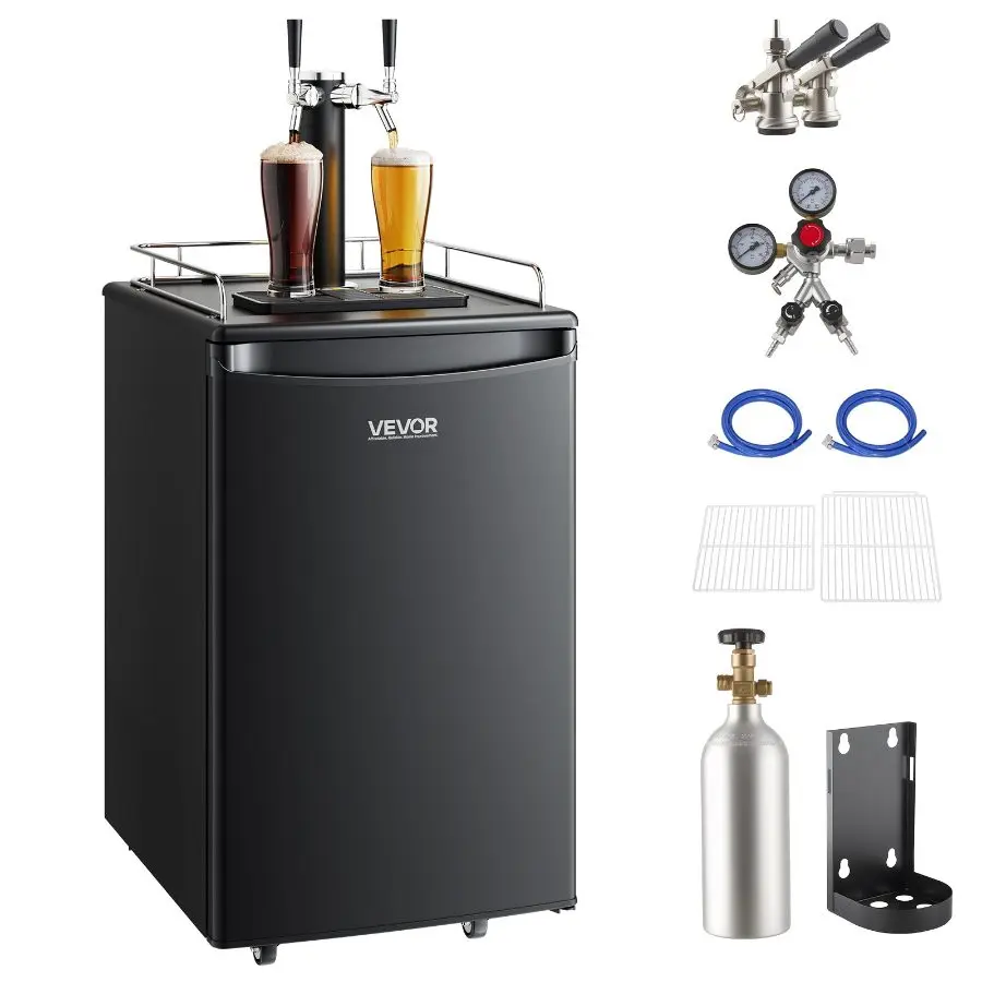 VEVOR Dual Tap Beer Kegerator, Full Size Compressor-Cooling Draft Beer Dispenser with CO2 Cylinder, Shelves, Drip Tray Rail, Auto Defrost, 32F-50F Temp Control, Holds 5.17 Gal Sixth/1/4/1/2 Barrels, Black, for Barbecue