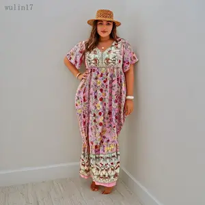Women's 2025 Plus Size Casual Patchwork Floral Print Dress - Boho Clothes for Women, Casual Wear, Tie Neck, Contrast Lace, Ruffle Hem, Boho Butterfly Short Sleeves, Smock Design, Bohemian Style