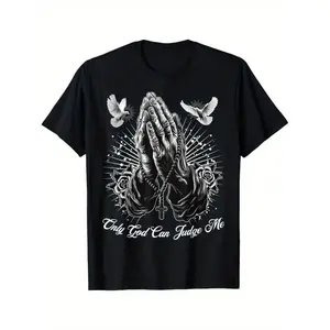 Only God Can Judge Me Prayer Hands Chicano Tattoo Doves T-Shirt for Students Daily Wear Holiday Trip Minimalist Design Quick-Dry Moisture Wicking Vintage Style 100% Cotton Round Neck S-5XL