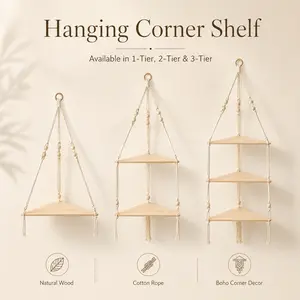 Macrame Triangle Hanging Shelf for Plants - Boho Cotton Rope Woven Floating Wall Shelves, Rustic Wood Craft Flower Pot Holder, Aesthetic Room Decor & Organizer
