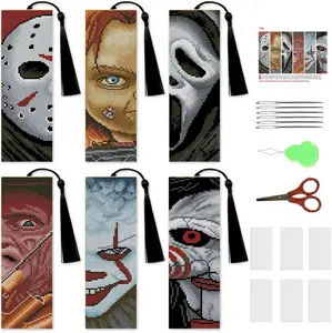 6 Pcs Horror Cross Stitch Bookmark Kit for Adult Beginners,Halloween Cross Stitch Kits 14 CT DIY Cross Stitch Kits Adult Stamped Bookmark Embroidery Bookmarks Kit