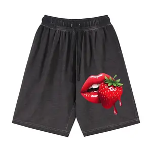 Juicy Strawberry Red Lips Washed Cotton Shorts | Vintage Gradient Drawstring Casual Shorts, Y2K Sweet Sexy Graphic Summer Streetwear, Soft Cotton Loungewear for Daily Wear, Beach & Festival