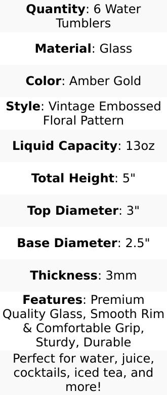 6 Pack Embossed Glass Tumblers – 13oz Amber Gold Vintage Textured Floral Drinking Cups for Water & Cocktails
