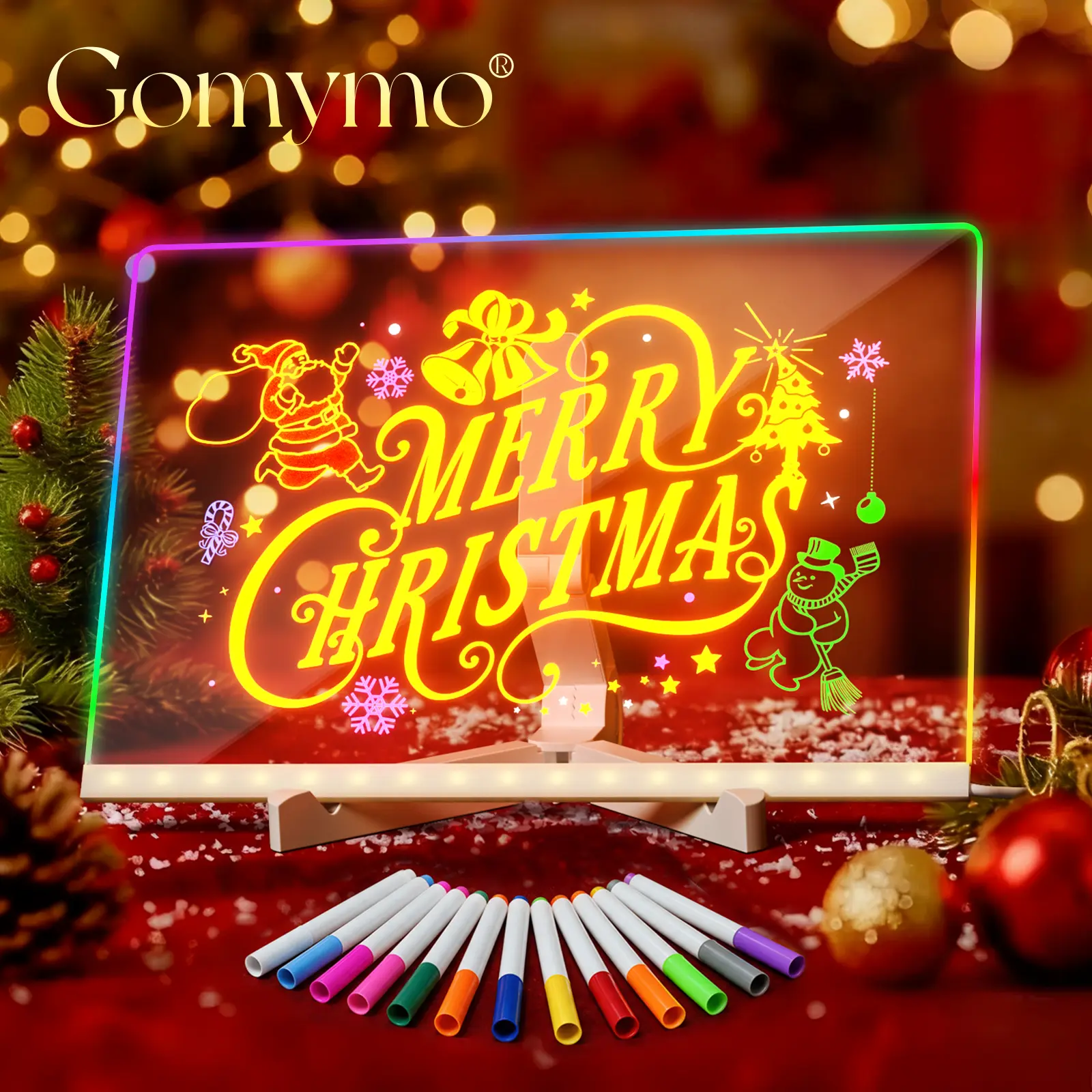 GOMYMO LED Drawing Board for Kids，with Light Effects, Multiple Color Markers,  Adjustable Stand,&Drawing Book. Erasable, Reusable Light-Up Doodle & Message Board, Creative Gift for Birthdays, Christmas & Halloween