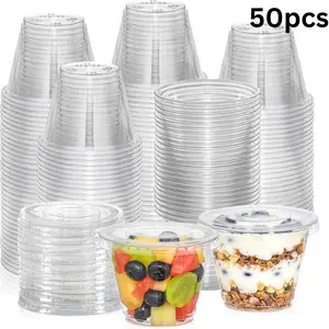 50 Sets, 9 oz Clear Plastic Cups With Flat Lids No Hole, Disposable Cups With Lids for Ice Cream, Pudding, Cake, Snacks Smoothie, Milkshake Dome Fruit
