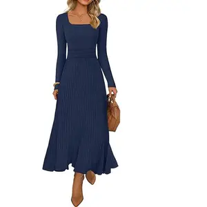 MEROKEETY Women's Sweater Dress 2025 Fall Winter Casual Long Sleeve Square Neck Pleated Church Work Knit Midi Dresses