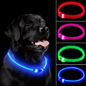 Croppable LED Dog Collar Rechargeable Light Up Collars IP67 Waterproof for Night Walking Adjustable Reusable Safety Necklace for Small Medium Large Dogs in Red Pink Green Blue
