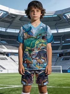 Dinosaur world all-over print boys' V-neck sports short-sleeve and shorts set, 100% polyester, casual and loose-fitting, featuring summer casual, fashionable and fun printed patterns. Suitable for summer outdoor physical activities and daily casual wear,