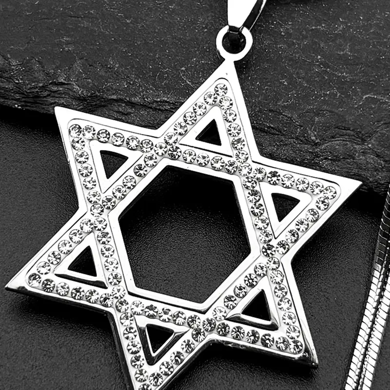 Israel Hexagram Jewish Magen David Stainless Steel Pendant Necklace for Women Men Star of David Rhinestones Chain Religious Necklace