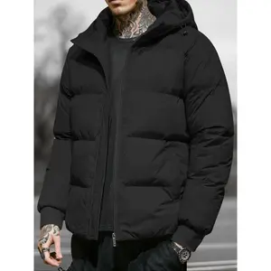 Men's Solid Pocket Drawstring Hooded Winter Coat, Regular Fit Casual Long Sleeve Zip Up Outerwear for Fall & Winter, Men's Clothes for Daily Wear Winter Jacket