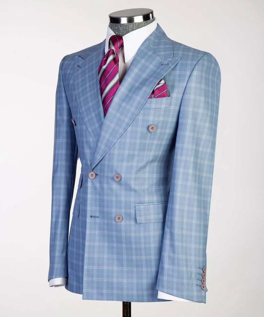 Men's Formal Suit Jacket in Cobalt Grid Pattern, Double-Breasted Slim Fit with Peak Lapels, 100% Super 200S Wool, Menswear, Fabric, Long Sleeve