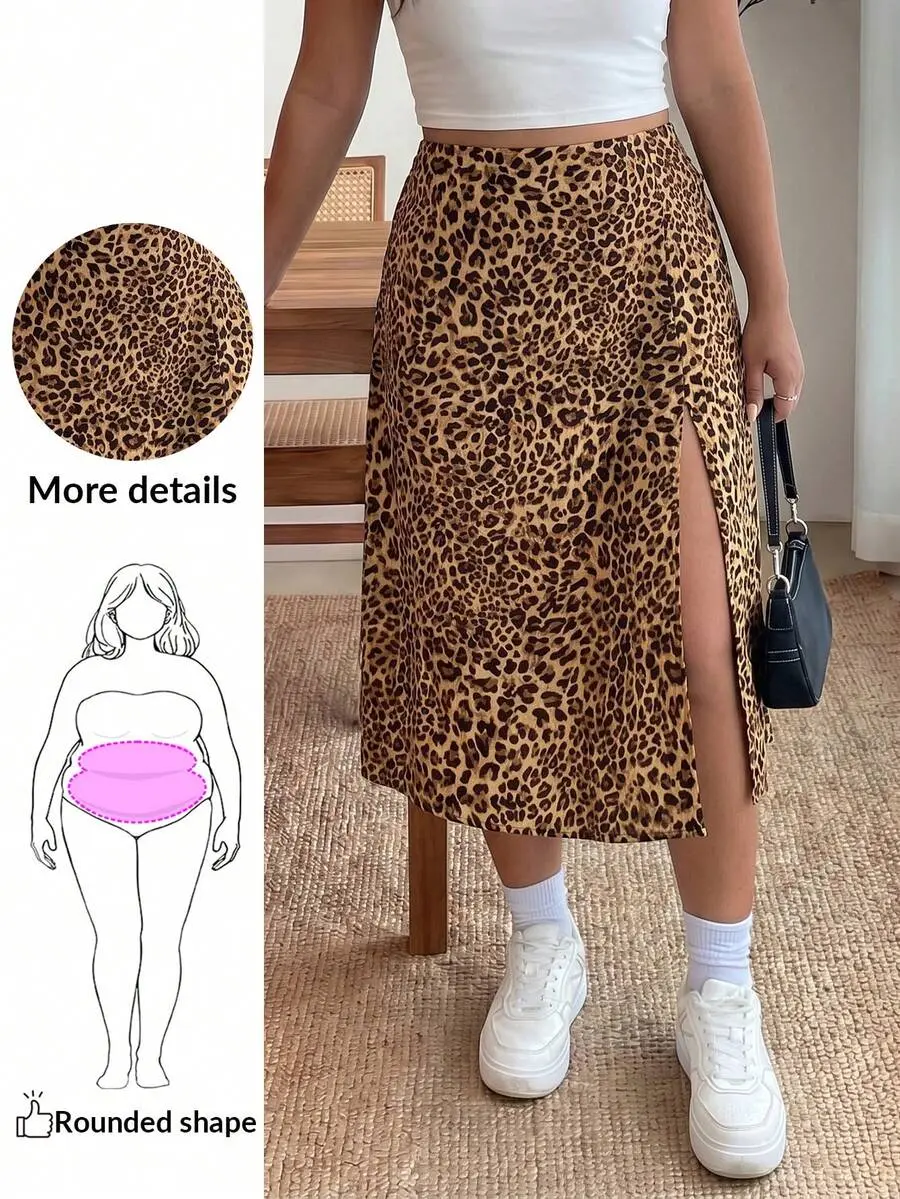 Plus Size Women's Summer Autumn Back-To-School Campus Outdoor Free People Casual Daily Versatile Leopard Print A-Line Ruffled Slit Elastic Waist Relaxed Skirt, For Apple And Rounded Body Shape