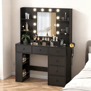 Black Textured Particleboard Vanity Table with 6 Drawers 3 Compartments 2 Shelves 10 Tri-Color LED Lights Power Strip Hair Dryer Holder Side Panel Storage