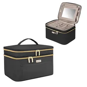 Travel Make-up Double-layer travel makeup bag, with mirror, with handle — Makeup Organizer, Large Capacity Waterproof, Portable Travel Toiletry Organizer, Western Style, Durable, Multi-Compartment