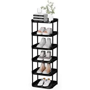 6 Tier Vertical Narrow Shoe Rack Stackable Tall Skinny Compact Shoes Storage Tower for Slim Space Corner Plastic Shelves for Hallways Entryway Bedrooms Organizer Black