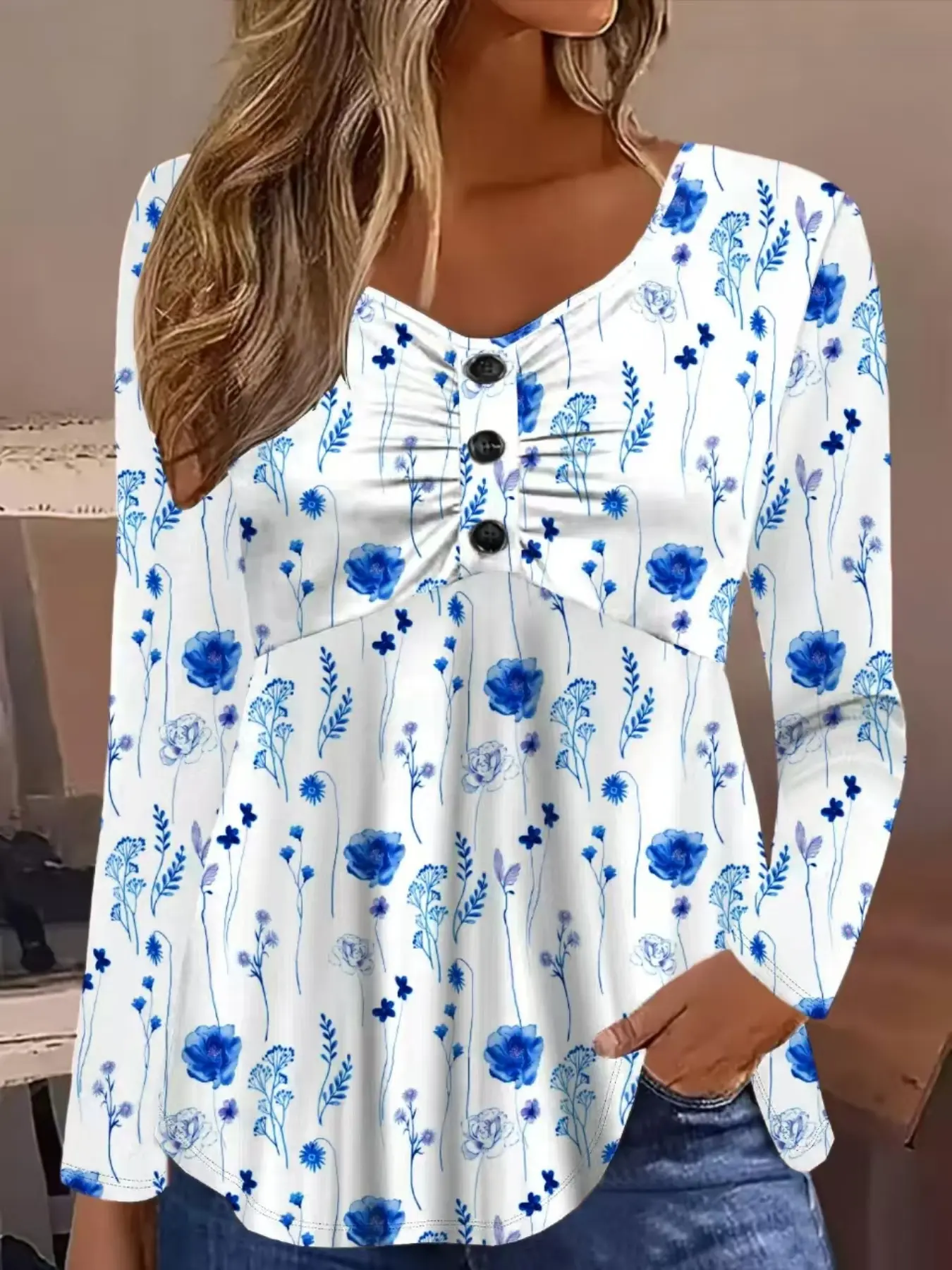 Women's Plus Size Round Neck Long Sleeve Chic Casual Floral Print Button Top Shirts Blouse, Stylish Fashion Design, Fitted Comfortable Fit for Daily Wear & Special Occasions