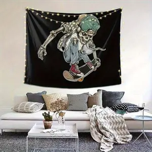 2D Flat, 1pc 2D Print Skeleton Skateboard Tapestry - Vibrant Polyester Wall Hanging with Green Hat & Red Sneakers, Ideal for Living Room, Bedroom, or Dorm Home Decor (60x51 Inches), Bedroom Wall Art | Playful Room Accent | Fabric, Skull Home Decor