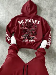 Men's Fashion Street Style Sweatshirt, Back Graphic Rose Pattern, Hooded Fleece Long Sleeve, Fall & Winter Loose Fit