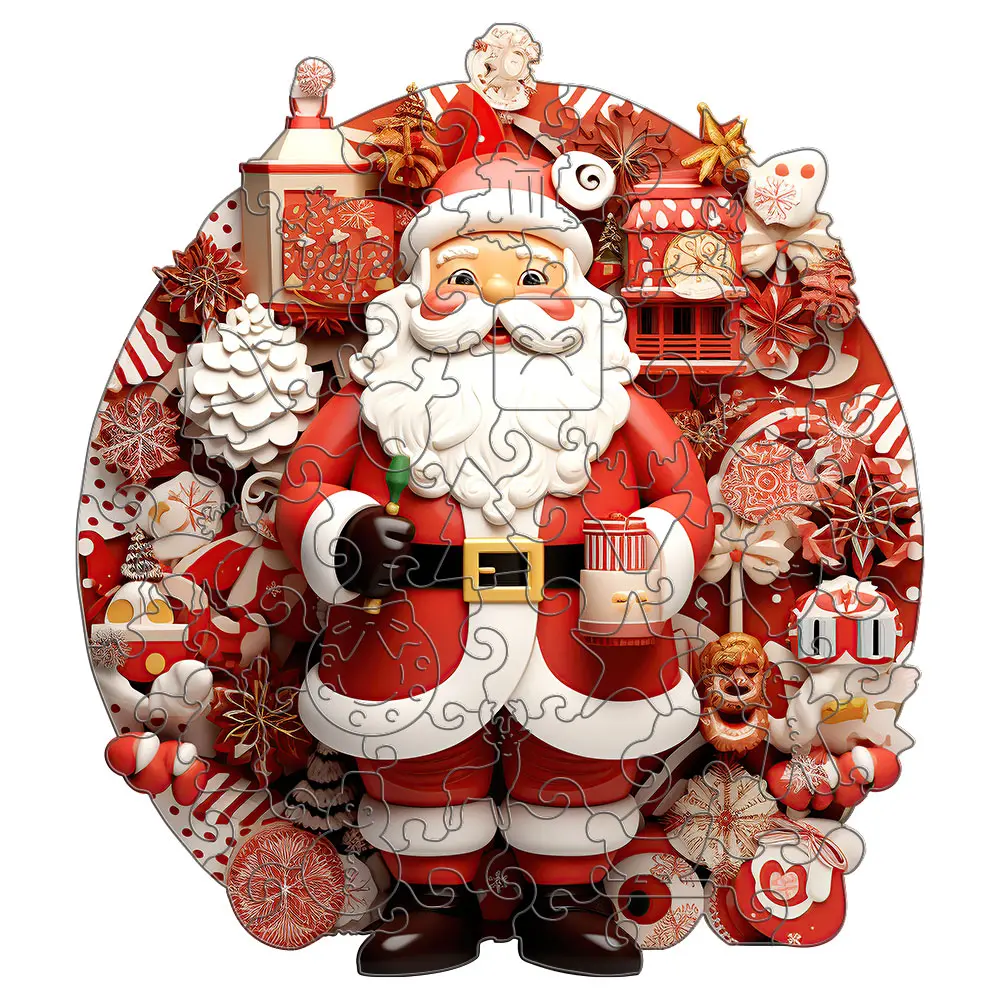 Santa Wooden Puzzle Art, Christmas Theme Shaped Pieces Jigsaw Puzzles Toys with Beautiful Package, Christmas Gift Home Decor Family Game