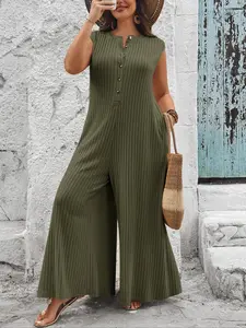 Plus Size Solid Button Front Jumpsuit, Casual Comfy Sleeveless Jumpsuit for Daily Wear, Women's Plus Clothing for All Seasons, Plain Button Jumpsuit