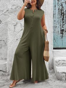 【plus size】 solid button front jumpsuit, curvy casual comfy sleeveless jumpsuit for daily wear, women's plus clothing for all seasons, jumpsuits for women, womenswear