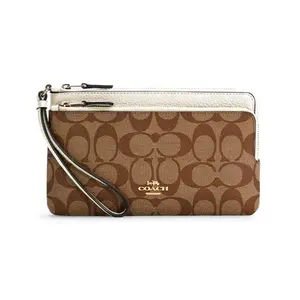 Coach Double Zip Wallet for Women – Saddle Brown Monogram with White Accents