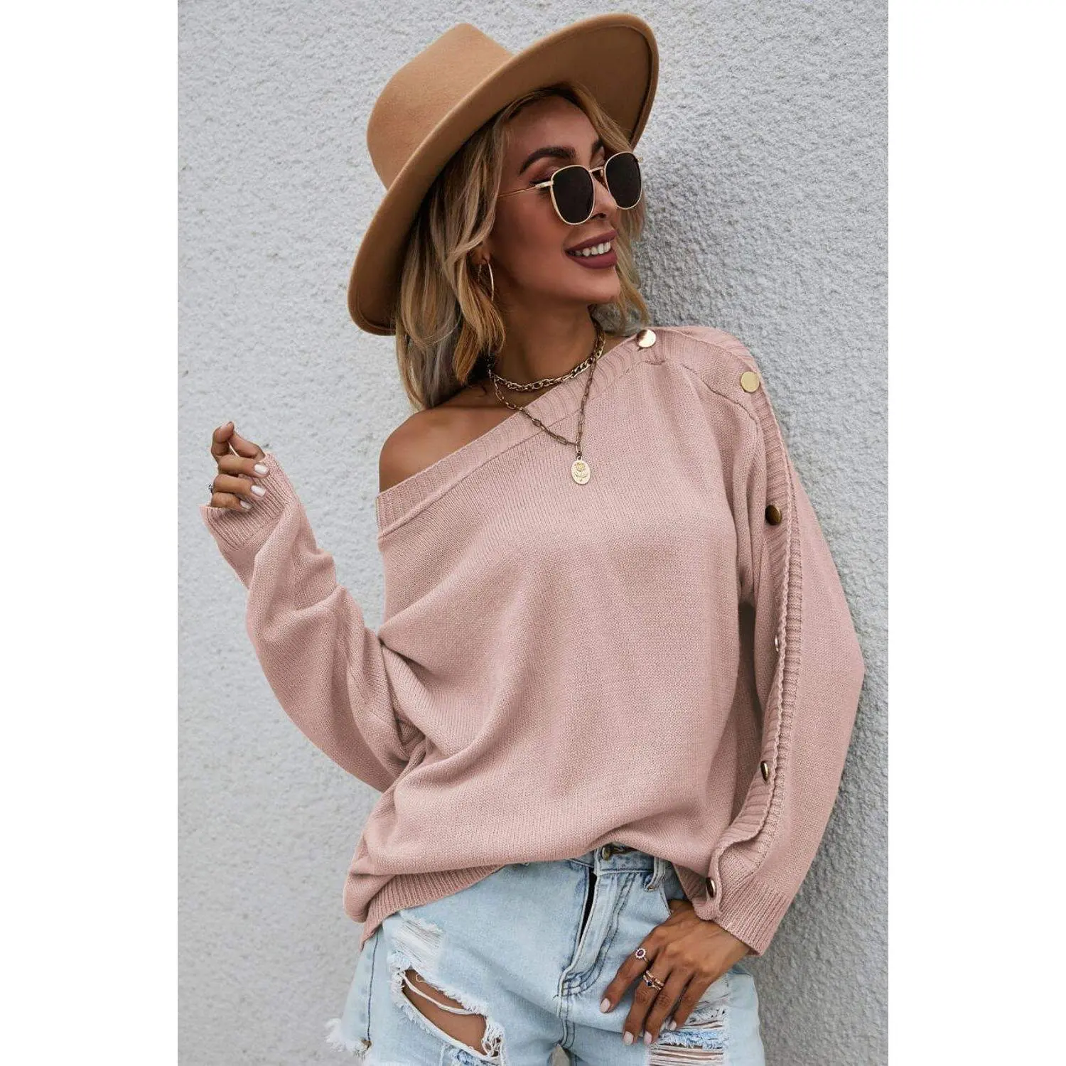 Button Detail Boat Neck Sweater