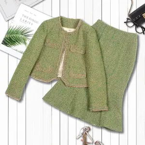 2025 autumn and winter new green coarse woolen small fragrant cardigan jacket+fishtail skirt two-piece set for socialite slimming fashion outfit Suits